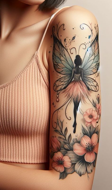 8 Fairy Tales Tattoo Ideas: Enchanted Ink That Will Bewitch You | Pocoko Witchy Fairy Tattoo, Fairy Tattoo Sleeve For Women, Half Body Tattoos For Women, Sun Fairy Tattoo, Scene Tattoo Ideas, Mom Inspired Tattoos, Fairy Tattoos For Women, Forest Fairy Tattoo, Fairy Tattoo Designs Unique