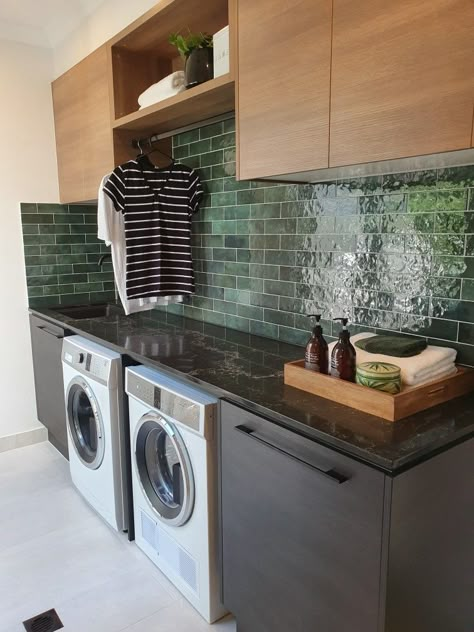 Beautiful green tiles with black and timber laundry under bench washing machine Green Backsplash Laundry Room, Laundry Green Tiles, Green And Timber Laundry, Laundry Splashback Tiles Green, Green Tile Laundry Room, Green Tile Laundry, Midcentury Modern Laundry, Laundry Tiles Backsplash, Colorful Laundry Rooms