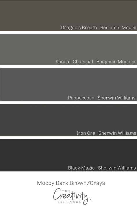 Dark Grey With Brown Undertones, Carbonized By Sherwin Williams, Best Dark Gray Sherwin Williams, Peppercorn Grey Sherwin Williams, Graphite Sherwin Williams, Pepper Corn Paint Color, Monochromatic House Decor, Peppercorn By Sherwin Williams, Black Peppercorn Paint Color