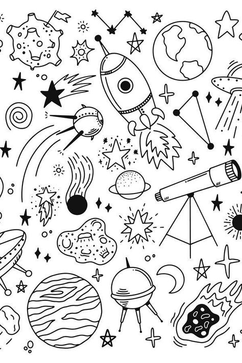 Doodle Space Drawings, Space Things To Draw, Simple Space Drawings, Astronomy Doodles, Outer Space Doodles, Astrology Doodles, Space Drawings Easy, Planet Doodles, Cute Things To Doodle