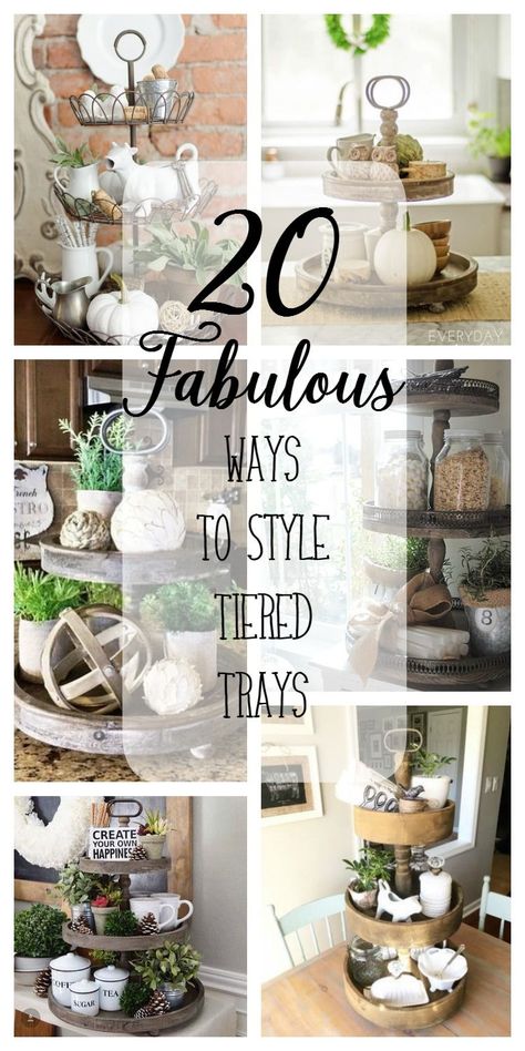 Hey guys!!!  I have got an awesome round up for you today!  I have recently been redoing my den, we moved in 2 years ago and never touched it.  It is the first room you walk into and we just starting dumping our purses and bags in there and it was bad.  The walls were … Coffee Background, Tray Styling, Dekor Diy, Ideas Hogar, Tiered Stand, Tiered Trays, Country Farmhouse Decor, Tiered Tray Decor, Home Decor Tips