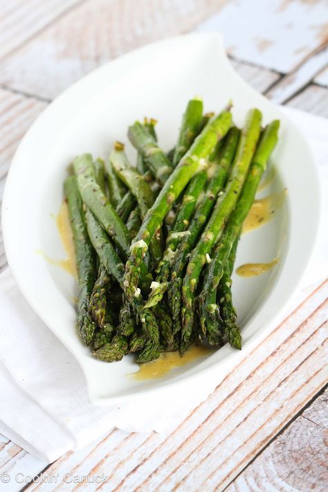 Roasted Asparagus Recipe with Dijon Vinaigrette Dressing | cookincanuck.com #asparagus #vegan #vegetarian Asparagus Vegan, Quinoa Shrimp, Dijon Vinaigrette Dressing, Roasted Asparagus Recipe, Healthy Barbecue, Salad Cups, Barbecue Side Dishes, Asparagus Recipes Roasted, Vegan Dressing