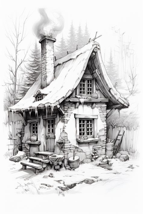 Street Drawing Sketches, Hut Sketch, Christmas Pencil Drawings, Drawing Ideas Winter, Landscape Sketch Pencil, House Pencil Drawing, Pencil Sketch Ideas, Building Sketches, Cottage Drawing