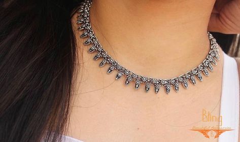 Beautiful Oxidised Necklace ... ᴅᴍ ғᴏʀ ᴘʀɪᴄᴇ ᴀɴᴅ ᴛᴏ ʙᴜʏ ᴛʜɪs ᴘʀᴏᴅᴜᴄᴛ ᴏɴʟɪɴᴇ  ___________________________________________ #germansilver #fashionjewllery #imitationjewllery#jewelrydesigner #contemporaryjewellery #trendy #threadjewelry #tassels #blingbeautifulaccessories #womenearrings #photography #igersfashion #earrings #igersindia #igerseurope #trendy #ethnicjewellery #handmadejewelry #oxidisedjewellery #necklace #jewelrylover #rings #handcuffs #meenakari #kundan #earringsoftheday #indianjewelle Leaf Necklace Silver, Black Metal Jewelry, Silver Indian Jewelry, Oxidized Silver Necklace, Oxidized Necklace, Silver Jewellery Indian, Silver Choker Necklace, Choker Style Necklace, Silver Choker