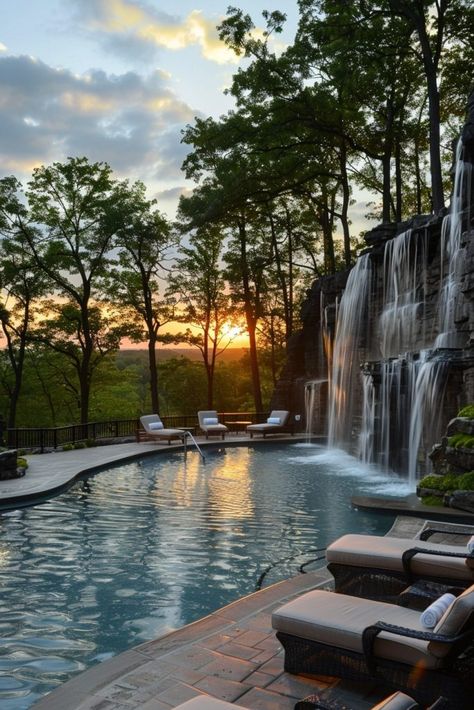 Backyard Pool With Waterfall, Pool With Waterfall, Waterfall Pool, Sunny Pictures, Oasis Pool, Wilderness Retreat, Pool Features, Leisure Pools, Infinity Pools