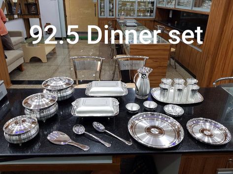 Silver dinner set 925 Silver Vessels Indian, Silver Dinner Set Indian, Silver Dinner Set, Silver Home Accessories, Silver Ware, Silver Articles, Silver Plates, Pooja Items, Food Plate