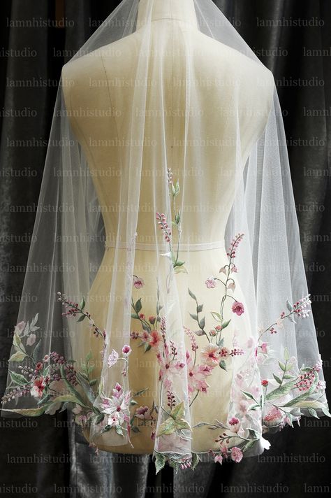 Veil With Flowers On It, Wedding Dress With Floral Veil, Flower Veils Bridal, Fairytale Wedding Veil, Delicate Wedding, Wedding Vail With Flowers, Whimsical Wedding Veil, Colored Wedding Veil, Embroider Veil