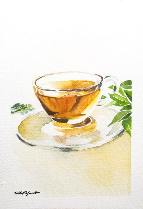 Watercolor Tea, Tea Cups Watercolor, Watercolor Art Tea Cups, Tea Pot Watercolor, Cup Of Tea Watercolor, Cup Of Tea Watercolor Paintings, Watercolor Teacup, Lime Tea, Coffee Artwork