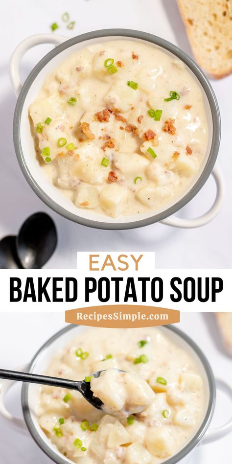 This easy Baked Potato Soup is delicious, creamy, and finished with Parmesan cheese and bacon bits for the perfect bowl of soup. This is a Panera Copycat Potato Soup and the homemade version is better! Leftover Baked Potato Soup, Potote Soup, Panera Potato Soup Recipe, Homemade Potato Soup Easy, Copycat Potato Soup, Panera Potato Soup, Potato Soup Panera, Potato Bacon Soup Recipe, Panera Baked Potato Soup