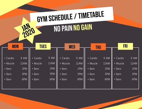 Customize this design with your photos and text. Thousands of stock photos and easy to use tools. Free downloads available. Gym Timetable, Gym Schedule, Timetable Template, Studio Layout, Gym Studio, Social Media Posting Schedule, Gym Ideas, Social Media Schedule, Workout Plans