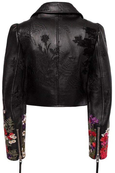 Leather Jacket Unique, Embroidery On Leather Jacket, Alexander Mcqueen Leather Jacket, Embroidery Leather Jacket, Customized Leather Jacket, Leather Jacket Embroidery, Leather Jacket Back, Leather Jacket Outfit Fall, Floral Leather Jacket