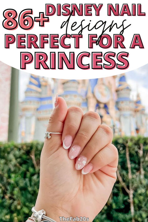 Disney Inspired Pedicure, Almond Shaped Nails Designs Disney, Disney Nails Design Simple, Disney French Tip Nails Short, Almond Shaped Disney Nails, Light Pink Disney Nails, Classy Disney Nails Simple, Mini Mouse Nails Designs, Disney Natural Nails