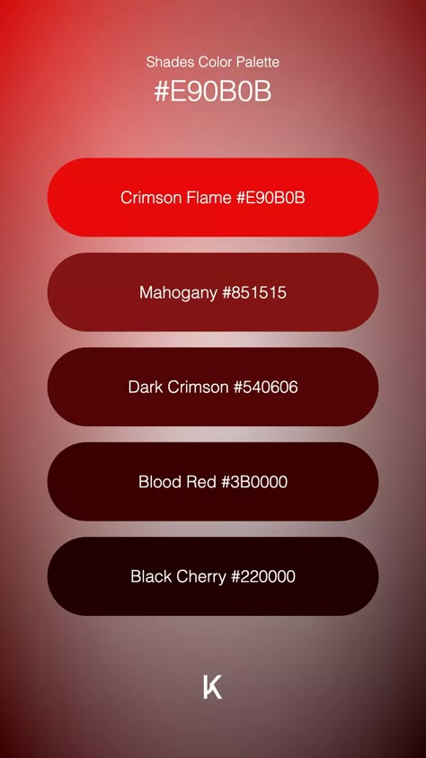 Shades Color Palette Crimson Flame #E90B0B · Mahogany #851515 · Dark Crimson #540606 · Blood Red #3B0000 · Black Cherry #220000 Color Palette Black Red, Red And Black Color Palette, Black Color Palette, Hex Color Palette, Red Colour Palette, Hex Codes, Hex Colors, Fiery Red, Blood Red