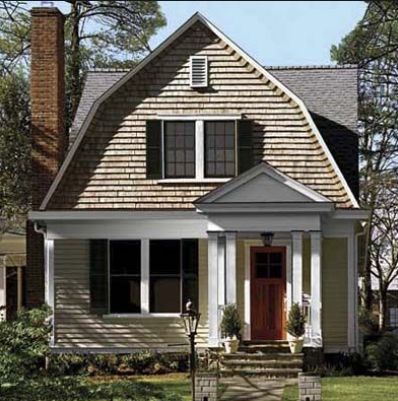 Dutch Colonial - Clapboard Siding on Bottom, Shingle Siding on Top Colonial Exterior Makeover, Dutch Colonial Exterior, Colonial Bungalow, Gambrel House, Dutch Colonial House, Door Overhang, Dutch Colonial Homes, Colonial House Exteriors, Gambrel Style