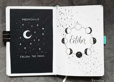 Journal Moon Theme, October Cover Page, Bullet Journal October, Calendar Themes, March Bullet Journal, February Bullet Journal, Bullet Journal Page, Bullet Journal 2020, Bullet Journal Key