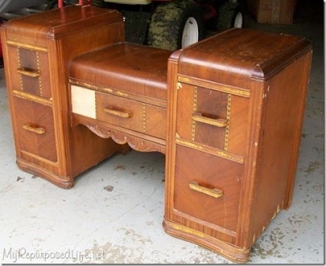 waterfall vanity before Refinished Vanity, Vanity Redo, Waterfall Furniture, Art Deco Bedroom Furniture, Waterfall Dresser, Waterfall Vanity, Repurpose Projects, Mid Century Vanity, Old Vanity