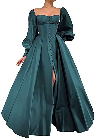 Grad Dress With Sleeves, Forest Green Prom Dress Long Sleeve, Green Formal Dresses Long Sleeve, Elegant Formal Dresses Long, Nyx Acotar, Prom Dresses Princess, Satin Prom Dress Long, Wedding Evening Dress, Satin Ball Gown