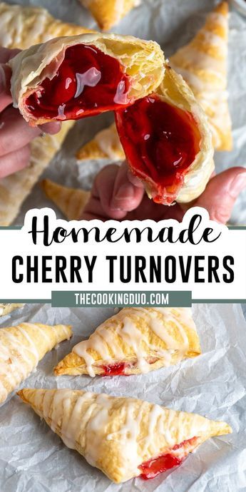 Ready for a decadent cherry treat? With only six ingredients and no baking skills required, you can whip up these delicious Homemade Cherry Turnovers with Puff Pastry in no time! Crescent Roll Cherry Turnovers, Cherry Turnovers Homemade, Fruit Turnovers Puff Pastries, Puff Pastry Cherry Pie Filling, Cherry Puff Pastry Dessert, Cherry Puff Pastry Recipes, Cherry Popovers, Canned Cherry Recipes, Pastry Puff Recipes Desserts