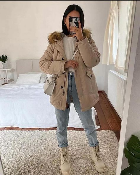 Outfits of the day 🩷 #ootd #outfits #outfit #goals Beige Parka Outfit Winter, Beige Parka Outfit, Parka Outfit Winter, Beige Parka, Denim And Boots, Parka Outfit, Layered Outfit, Parka Style, Easy Winter Outfit