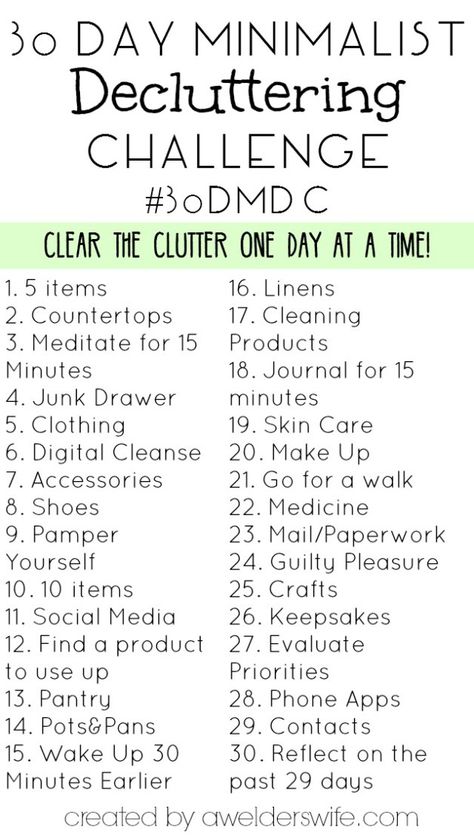 30 Day Minimalist Decluttering Challenge | www.awelderswife.com #30DMDC Minimalist Decluttering, Minimalist Declutter, Decluttering Challenge, Minimalism Living, Minimalist Challenge, Minimalism Challenge, Declutter Challenge, Organizing Challenges, Squat Challenge