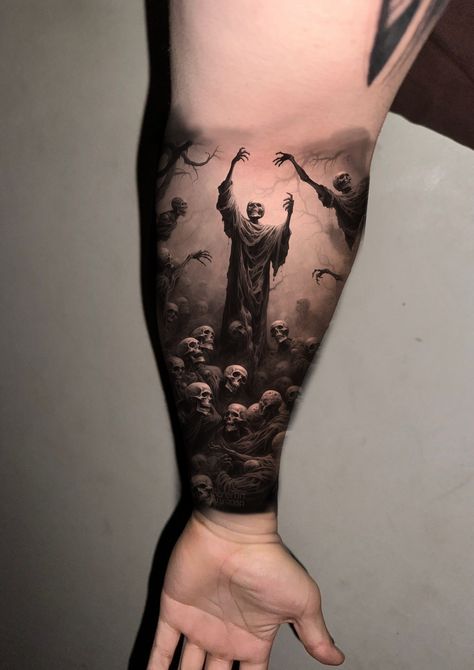 Demon Leg Sleeve Tattoo, The Evil Within Tattoo, Hades Underworld Tattoo, Devil Sleeve Tattoo, Dark Demon Tattoo, Dark Creepy Tattoos, Half Hand Tattoo Men, Gothic Horror Tattoo, Swat Tattoos