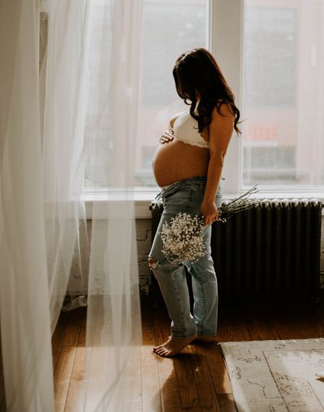 Maternity Pictures Flowers Jeans, Maternity Photos Blue Jeans, White Bra And Jeans Maternity Shoot, Maternity Pictures Bra And Jeans, Maternity Pics In Jeans, Sweater And Jeans Maternity Photos, Jean Maternity Shoot Photo Ideas, Maternity Pics Jeans, Studio Maternity Shoot With Flowers