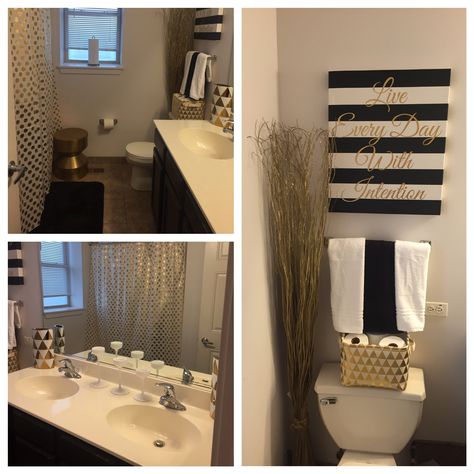 Black Gold White Bathroom Decor, Black Gold Grey Bathroom, Bathroom Decor Black And Gold, Black White Gold Bathroom Decor Ideas, Gold And Black Bathroom Ideas, Black Gold And White Bathroom, Black And Gold Bathroom Decor Ideas, Black And Gold Bathroom Ideas, Black White And Gold Bathroom