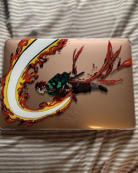 Laptop Cover Painting Ideas, Anime Case Painting, Painted Laptop Case, Laptop Painting Ideas, Laptop Cover Design, Laptop Cover Art, Painted Laptop, Laptop Skin Ideas, Laptop Customization