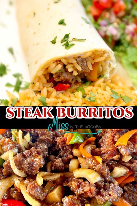 Burritos With Rice, Steak Burrito Recipe, Steak Burritos, Steak Peppers, Steak Burrito, Delicious Entrees, Burrito Recipes, Dreamy Desserts, School Recipes