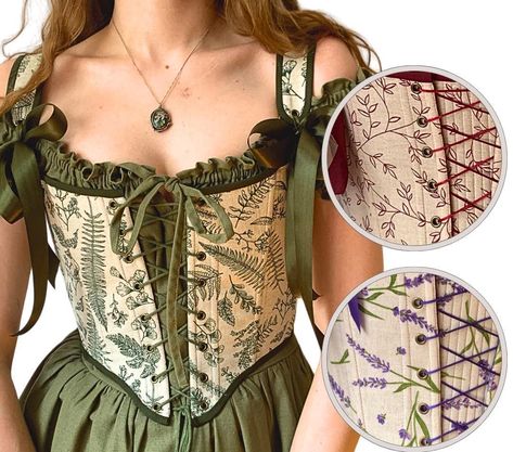 Reversible Botanical Floral print overbust corset with modesty panel, green front lacing corset, Renaissance stays, Lavender Violet corset, Cottagecore bodice  ♡ This is a dream! Floral linen and a unique print. You will definitely fall in love with it at first sight and will receive endless compliments! You can choose 1 of these gorgeous prints:  Summer Forest, Burgundy Cherry, Lavender Bouquet Make your look chic with this stunning corset ♡ Decorated with botanical linen, unique print and cott French Meadows Corsets, Cottagecore Bodice, Corset Cottagecore, Custom Corsets, Botanical Floral Prints, Summer Forest, Green Corset, Lavender Bouquet, Modesty Panel