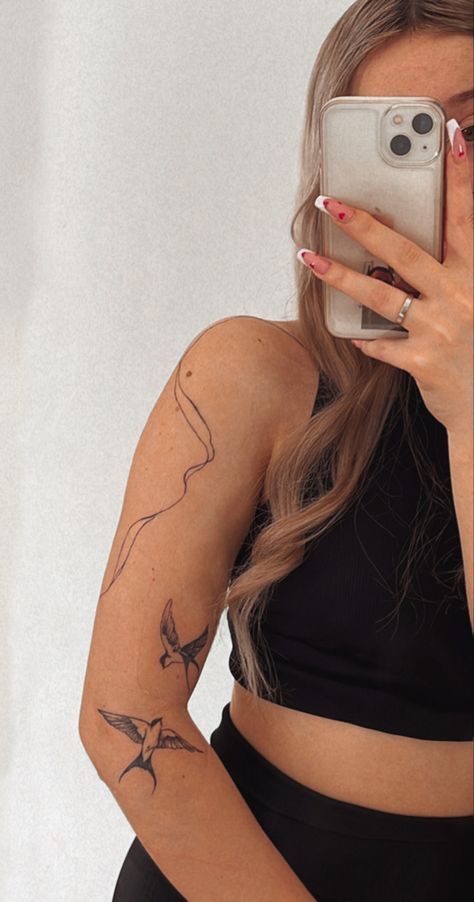 Pretty Bird Tattoos For Women, Simple Above The Knee Tattoo, Birds Tattoo On Arm, Bird Forearm Tattoos For Women, Linework Bird Tattoo, Line Work Arm Tattoo, Bird Tattoo Arm Women, Bird Arm Tattoos For Women, Fine Line Tattoo Ideas For Women Arm