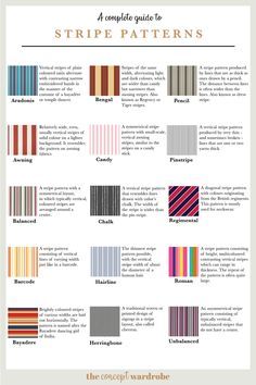 A visual guide to stripe textile patterns. Click to read more about stripe patterns and other prints. Stripe Print Pattern Textile Design, Pattern Vocabulary, Stripes Aesthetic, Office Bulletin Board, The Concept Wardrobe, Concept Wardrobe, Regimental Stripe, Italian Pattern, Pattern Bank