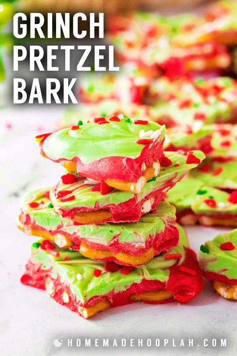 Grinch Bark, Pretzel Bark Recipes, Frozen Pretzels, Pretzel Bark, Wilton Candy Melts, Cookie Exchange Party, Candy Bark, Holiday Sprinkles, Mini Pretzels