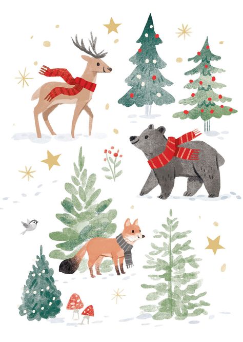 Christmas Animal Drawing, Christmas Forest Illustration, Kathryn Selbert, Christmas Stones, Xmas Animals, Christmas Greetings Cards, Library Designs, Christmas Products, Illustration Noel