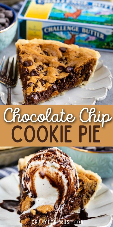 Chocolate Chip Cookie Pie is a giant chocolate chip cookie cake in a pie crust - it's an epic rich and fudgy pie recipe that's completely from scratch! Chocolate Chip Cookie Pie Recipe, Toll House Pie, Chocolate Chip Cookie Pie, Chocolate Chip Pie, Gooey Chocolate Chip Cookies, Frozen Pie Crust, Giant Chocolate Chip Cookie, Crazy For Crust, Make Chocolate Chip Cookies