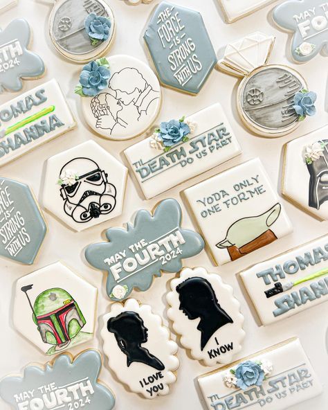 May the 4th Be With You! Congratulations to the couple tying the knot on Star Wars Day! I had so much fun putting this set together! . . . #sugarcookiemarketing #cookiedecorating #royalicingcookie #sugarcookiesofinstagram #sugarcookiedecorating #cookiestagram #sugarcookiedecorating #decoratedsugarcookies #tampaflorida #southtampalife #explorefeed #southtampafoodie #tampafoodiesunite #tampadesserts #southtampamagazine #tampabridal #tampaparties #missjennscookies #tampamomblog #tampacooki... May The 4th Cookies Decorated, Star Wars Wedding Cookies, Star Wars Cookies, Star Wars Wedding Theme, Star Wars Wedding, May The 4th, May The 4th Be With You, Star Wars Day, Tying The Knot