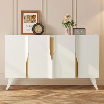 59" Modern White Sideboard Buffet with Doors Curved Credenza Adjustable Shelves French Country Sideboard, Modern White Sideboard, Black Sideboard Buffet, Country Sideboard, Minimalist Sideboard, White Sideboard Buffet, Sideboard Cabinet Modern, Buffet Furniture, Freestanding Bathroom Storage