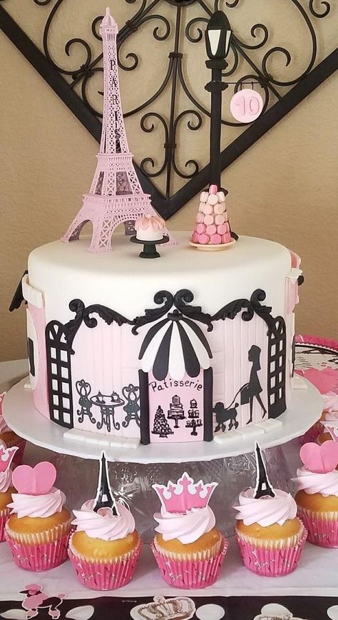 Fashion Themed Cake, French Birthday Cake Paris Theme, Paris Theme Birthday Cake, Paris Cake Ideas, Parisian Storefronts, Paris Birthday Cake, Tea Party Birthday Theme, Paris Birthday Cakes, Parisian Cake