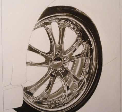 Chrome Rim Drawing Tutorial Chrome Drawing Tutorial, Rim Drawing, Chrome Drawing, Drawing Metal, Design Sketching, Chrome Rims, Mechanical Art, Simple Line Drawings, How To Make Drawing