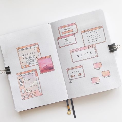 A two page spread for my April cover page. The theme is computers (with a kinda 90s aesthetic) and for the colours I went with a sunset palette with oranges and pinks. There are some drawings of random folders. There are also drawing of computer windows like a loading screen,  a drawing on paint and a google search. There’s also a picture of a pink y and a small cal FER for the month of April. Computer Bujo Theme, Journal Computer Theme, Minimalist Doodles, Bujo Design, Bullet Journal Easy, Bujo Cover, Computer Theme, Quran Journal, April Bullet Journal