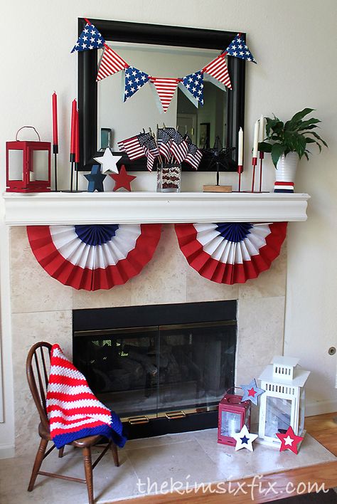 15 Fabulous Fourth Of July Mantels (Flashback Friday) via TheKimSixFix.com 4th Of July Mantle Decor Mantel Ideas, Fourth Of July Mantle Decor Mantel Ideas, 4th Of July Fireplace Decor, 4th Of July Mantel Decor, Patriotic Mantle Decor, Fourth Of July Mantle, 4th Of July Mantle, Patriotic Mantle, Citizenship Party