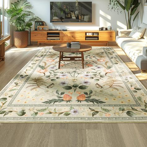 PRICES MAY VARY. Vintage Floral Throw Area Rug:Our boho rugs have a digitally printed vintage design with a high density and the room rug have a very clear floral pattern.The carpet adds a textured weave process, rubbing the fibers on the surface of the indoor carpet in a positive or negative direction will reveal two different colors and textures, adding a splash of unique ambiance to your place Soft Low Pile Carpet:Low pile rug is 0.2 inch thick. It is non-slip, lightweight, opens and closes d Rugs In Bedroom Aesthetic, Playroom Dining Room, Home Office Light, Living Room 70s, Vintage Playroom, Green Couch Living Room, Boho House Decor, Carpet Print, Home Office Dining Room