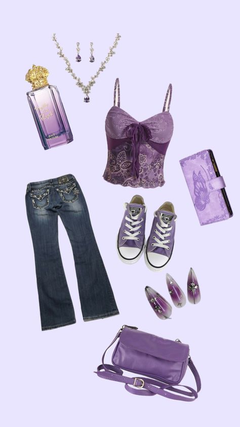 #purple #outfitinspo #schoolfit #y2k Y2k Purple Outfit, Purple Y2k Outfit, Fits Y2k, Purple Y2k, Mcbling Fashion, Purple Outfit, Purple Fits, Purple Outfits, Y2k Outfits