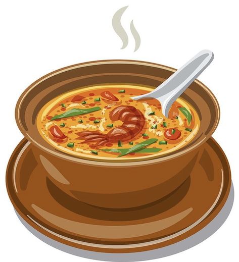 Soup Cartoon, Soup Illustration, Thai Tom Yum Soup, Soup Art, Tom Yum Soup, Malaysian Cuisine, Canned Tomato Soup, Cartoon Food, Tom Yum