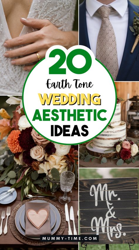 Transform your wedding into a serene oasis with earth tones! 🌾🍂 Dive into 17 aesthetic ideas that celebrate nature's palette, from rustic centerpieces to warm lighting. Perfect for creating a unique and intimate atmosphere. Save this pin for endless inspiration on your wedding journey! Oct Wedding, Wedding Decor Earth Tones, Earth Tone Beach Wedding, Earth Tone Wedding Pallet, Muted Earth Tones Wedding, Muted Earth Tone Color Palette Wedding, Earthy Wedding Theme, May Wedding Colors Spring, Earth Tone Wedding Theme