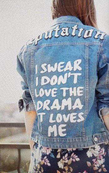 Reputation Jean Jacket w/ End Game Lyric “I swear I don’t love the drama, it loves me.” Taylor Swift Lover Denim Jacket, Taylor Swift Reputation Jacket Diy, Taylor Swift Inspired Jean Jacket, Reputation Denim Jacket, Eras Tour Outfits Jacket, Painted Jean Jacket Taylor Swift, Painting A Jean Jacket, Lisa Frank Outfit Aesthetic, Taylor Swift Eras Jacket