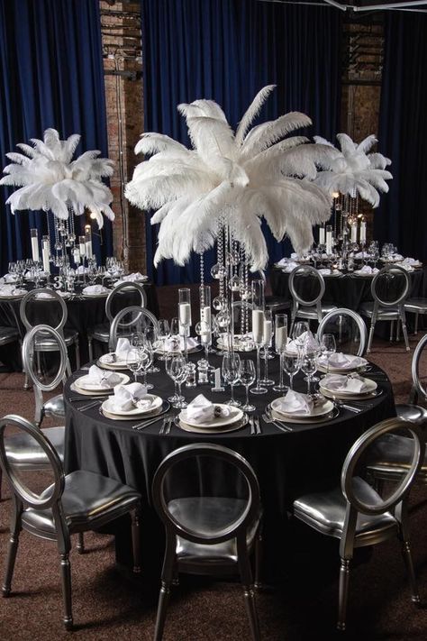 Feather Centerpiece Wedding Gatsby, Black And White Gala Decorations, Masquerade Party Decorations Elegant, Gatsby Centerpiece Ideas, Great Gatsby Centerpiece, Masquerade Wedding Theme, Masquerade Party Themes, Harlem Nights Theme, Centerpiece Filler