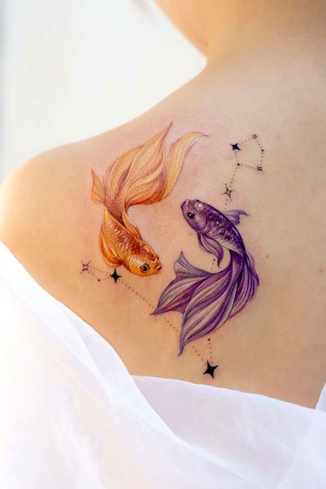 Watercolor Fish Tattoo, Unique Pisces Tattoos, Pisces Tattoo Ideas, Pisces Fish Tattoos, Betta Fish Tattoo, Goldfish Tattoo, Pisces Tattoo Designs, Pisces Tattoo, Pisces Tattoos