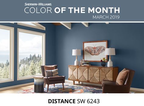 And....(drumroll please), the color of the month for March is Distance (SW6243) from Sherwin Williams.   I see how they are bringing back warm colors (see rug).  #paintcolors #colorofthemonth #SW6243 #sherwinwilliams #thejudiwrightteam #askyourrealtor #decorating #painttrends #decoratortrends Blue Walls Living Room, Origami White, Color Of The Month, Sherwin Williams Colors, Blue Paint Colors, Sherwin Williams Paint Colors, Paint Projects, Bedroom Paint Colors, Interior Paint Colors