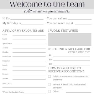 Employee All About Me Form, Employee Get To Know You Form, Get To Know You Questions For Work, Office Morale Boosters Ideas Fun, Get To Know Your Coworkers, Work Morale, Work Team Building Activities, Childcare Facility, Work Mindset